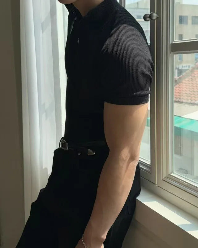 Summer New Men's Sportswear Casual Running And Fitness Stretch Solid Color Zipper Simple Striped Thick Short-sleeved T-shirt