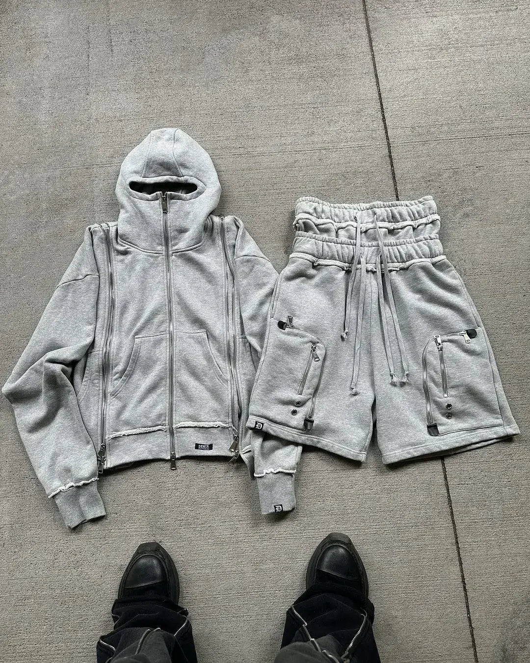 Black Hip Hop Men Zipper Hooded Sweatshirt Double-Waist Zipper Suit American Vintage Retro Fashion New Trend Streetwear