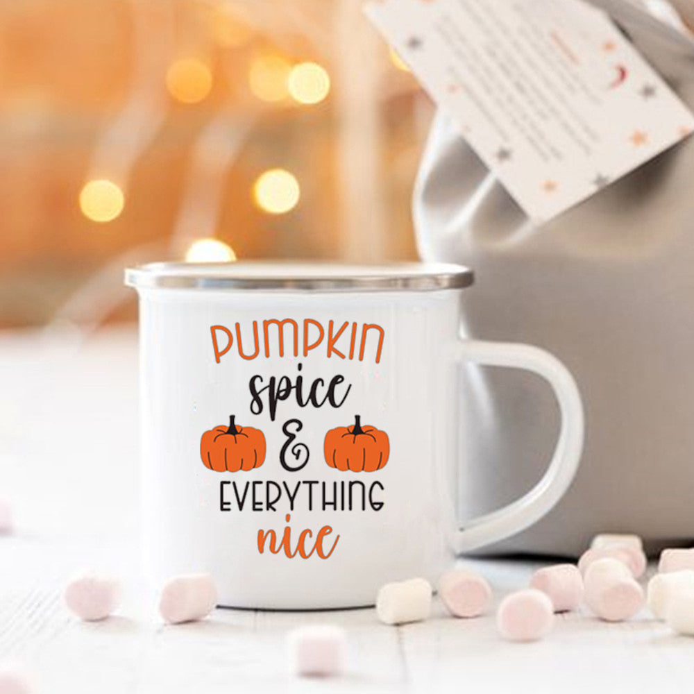 Pumpkin Spice and Everything Nice Enamel Mug Halloween Camping Mug Autumn Home Decor Fall Coffee Mug Festive Gifts for Kids