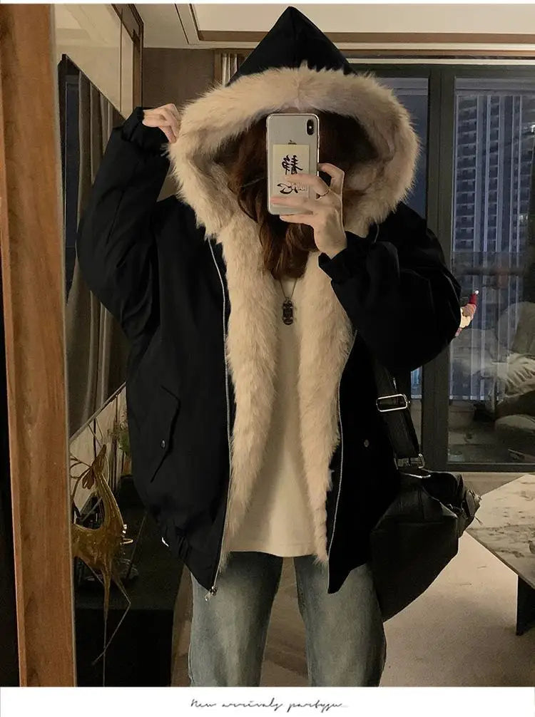 Double-Sided Warm Fur Coat Women Autumn Winter Loose Thicken Plush Cotton Coat 2025 New Women Hooded Imitation Mink Fur Outwear