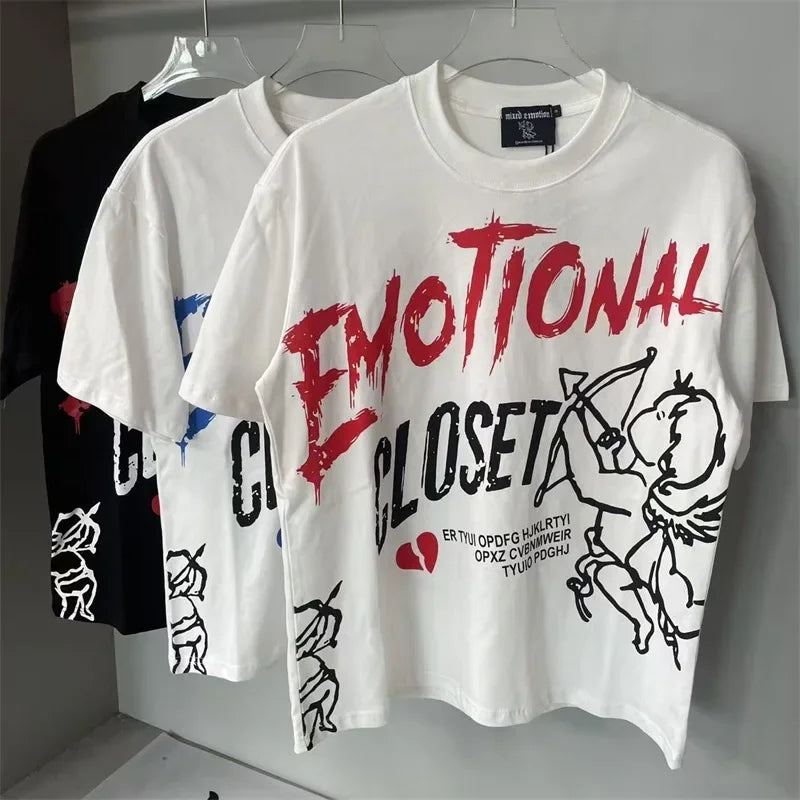 Oversized MIXED EMOTION White T-Shirts Men Women Pure Cotton Casual Red Hot Drill Letters Tshirts
