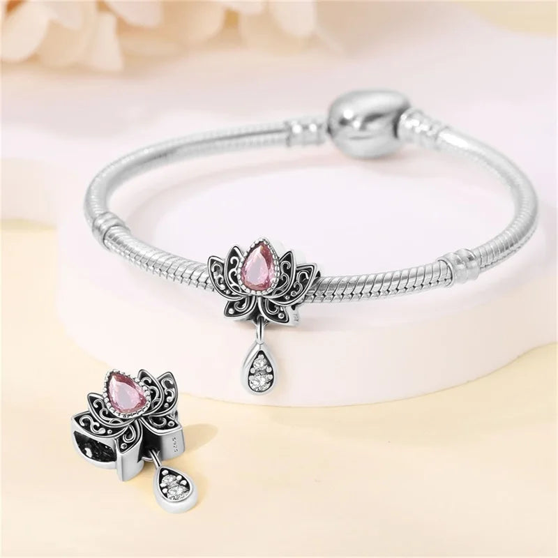 925 Sterling Silver Classic Retro Lotus Heart-Shaped Charms Beads Fit Original Pandach Bracelets Fine DIY Anniversary Jewelry