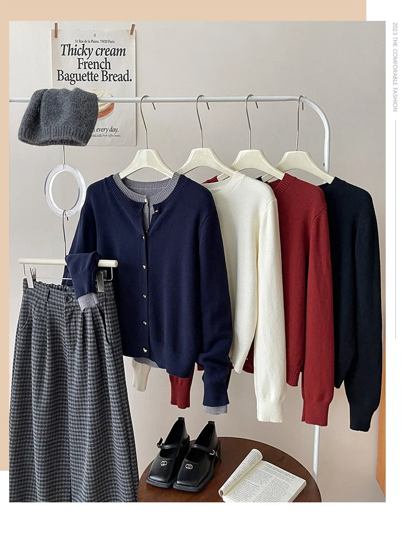 Autumn Winter 2025 New Women's Retro Love Small Gold Buckle Cardigan Female Casual Solid Long Sleeve Slim Knitted Sweater