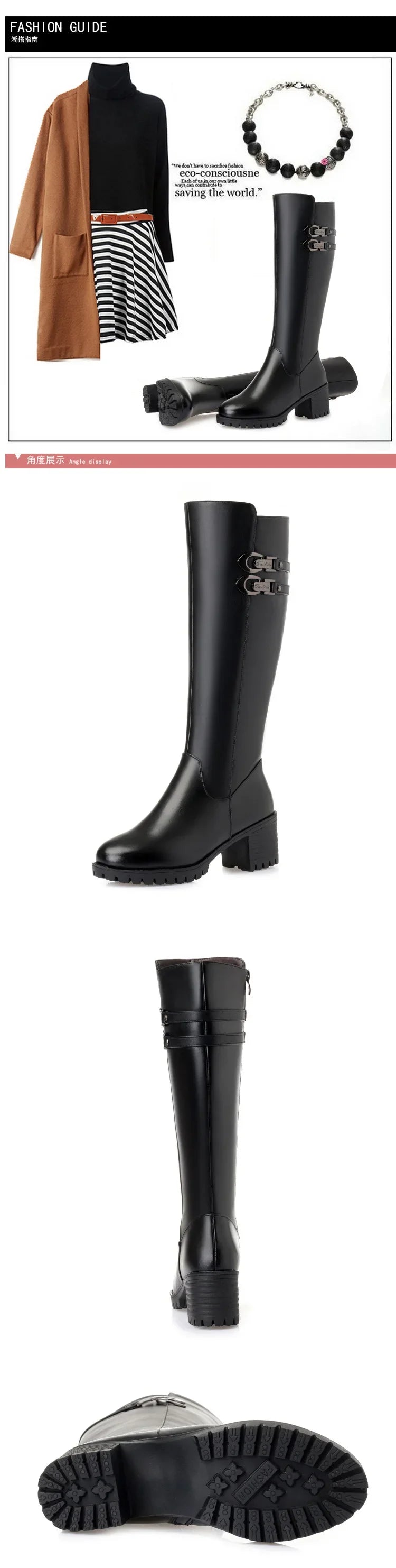 Big Size 35-43 Winter Boots Women Wool Warm Thick Heel Knee High Boots Genuine Leather Round Toe High Heel Women Boots