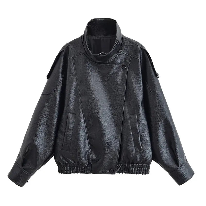 Loose Design Women's Leather Jaet Lychee Pattern ort Outerwear Autumn New Sle European Sle Ladies Faion 2025