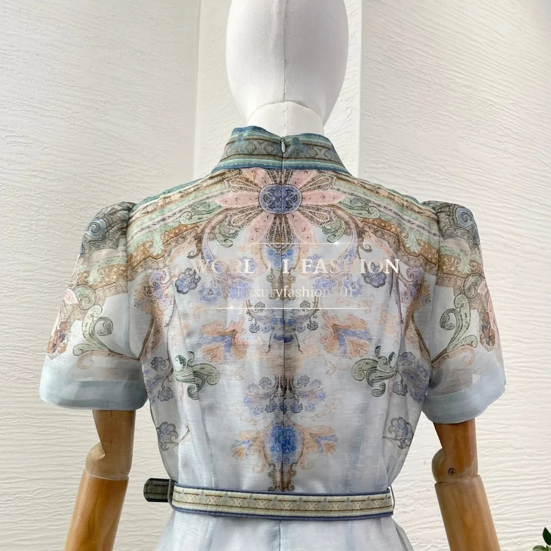 High Quality Blue Paisley Print Short Sleeve Stand Collar Midi Dress