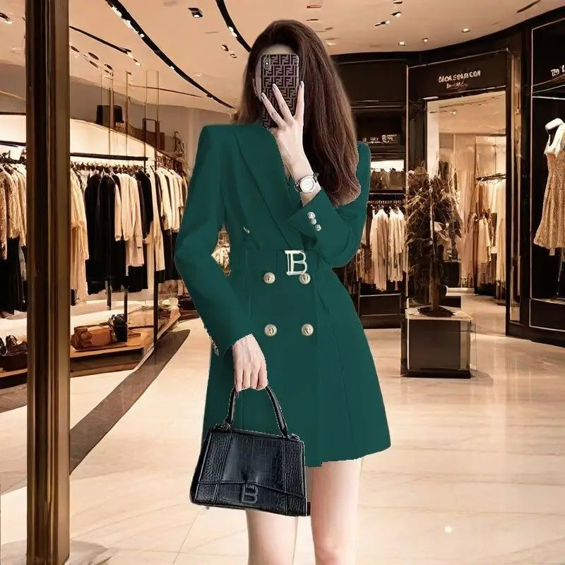 2025 New Spring Autumn Chic Casual Outwear Jacket Outwear Women's Belt Medium Long Double Row Long Sleeve Professional Suit Tops