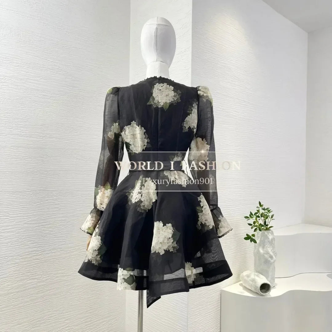 Romantic Style Women Dress Australia Luxury Design Black Hydrangea Butterfly Sleeve Mini Dresses for Summer Vacation