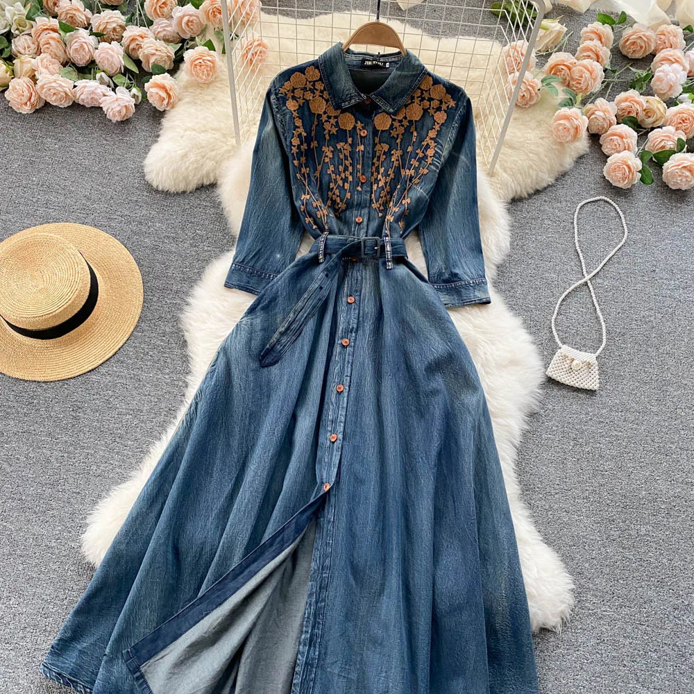 AYUALIN Denim Long Dress for Women Ethnic Floral Embroidery Boho A-line Casual Summer Vestidos Lapel Long Sleeve Dresses Lady