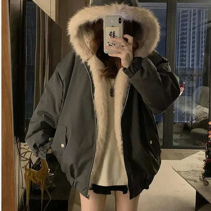 Double-Sided Warm Fur Coat Women Autumn Winter Loose Thicken Plush Cotton Coat 2025 New Women Hooded Imitation Mink Fur Outwear