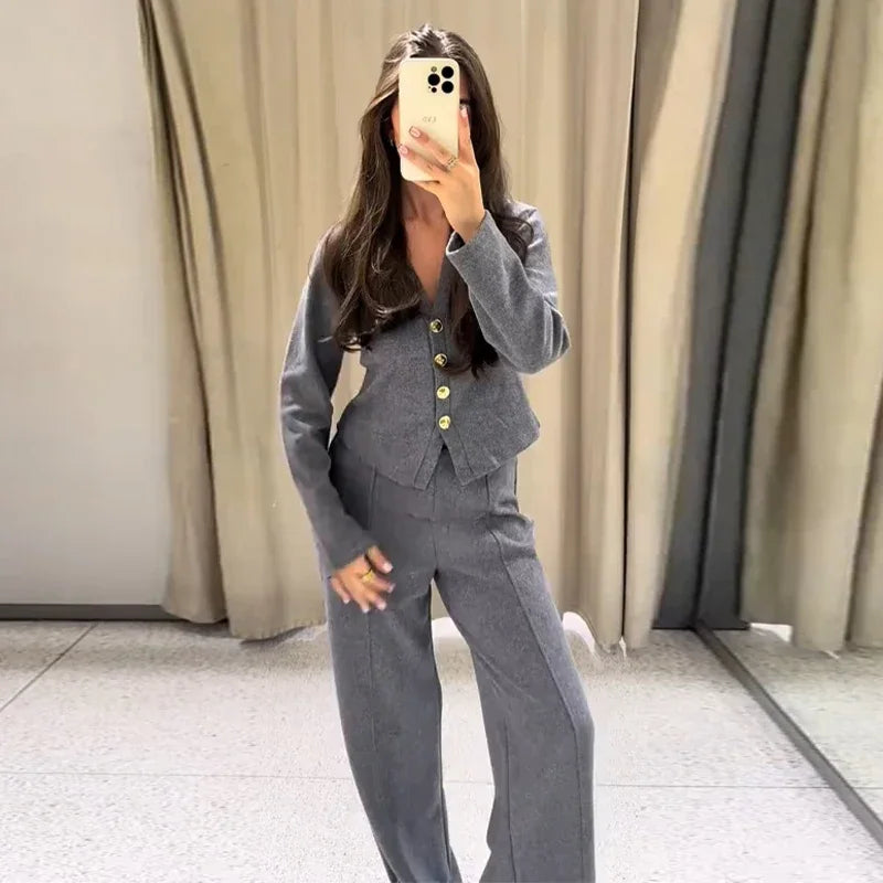 Casual Knitted Pant Suit Women Solid V-neck Full Sleeve Button Jacket Wide Trouser 2025 Autumn Fashion 2 Pieces Set Lady Outfits