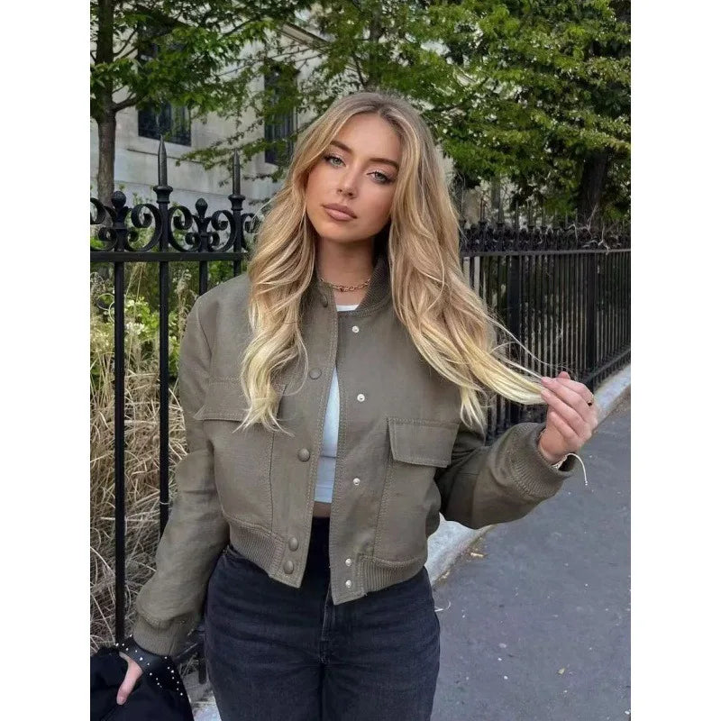 MUJER 2025 Woman Bomber Jacket White Autumn Winter Button Cropped Jackets for Women Fashion Long Sleeve Women Coats Outerwears