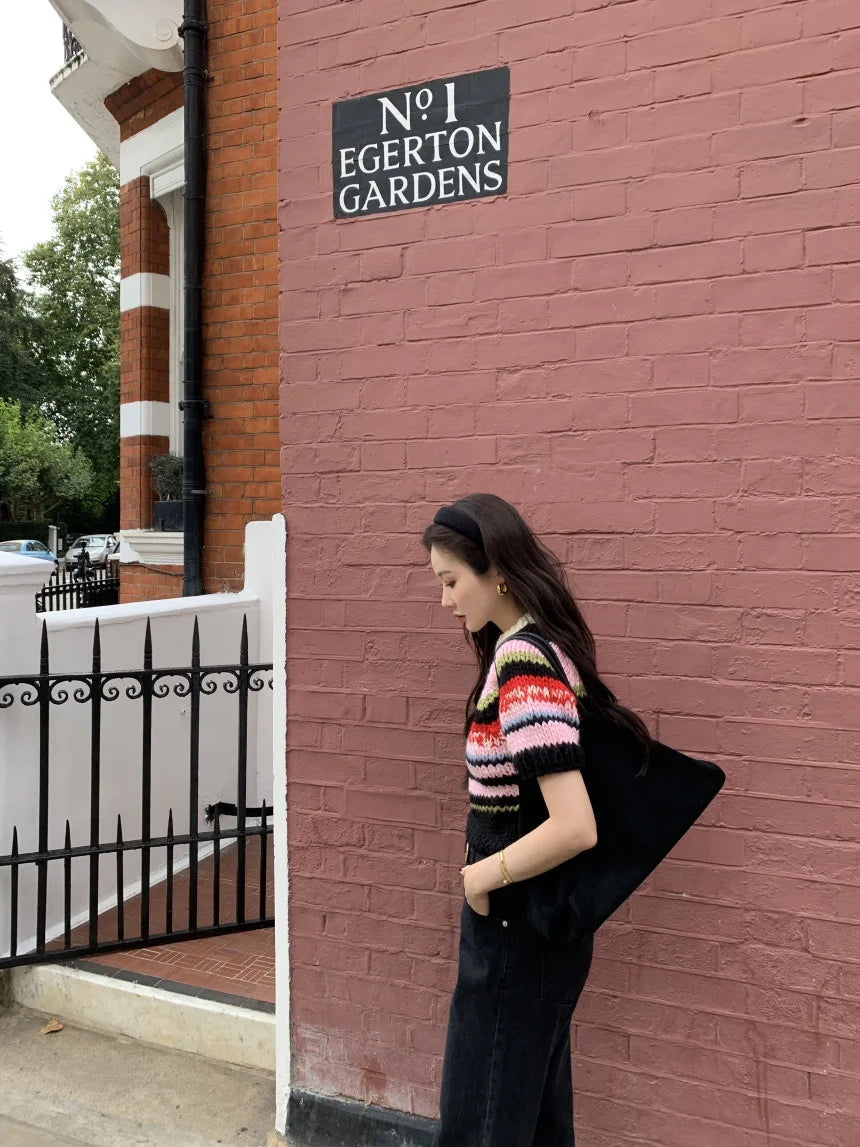 Chic Vintage Heavyweight Knitted Loose ort Sve Striped Sweater for Women Summer Collection oulder Sve