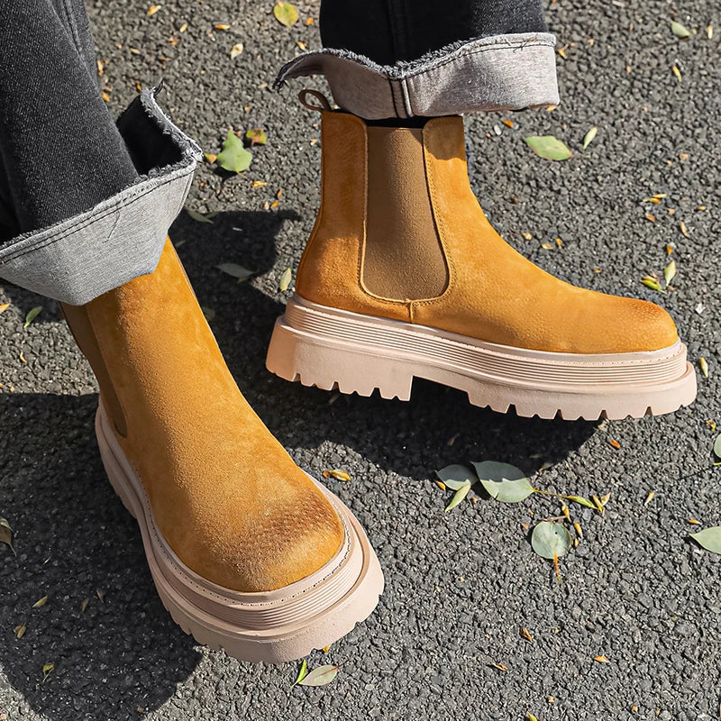 large size men casual party nightclub high chelsea boots slip-on cow suede leather shoes cowboy platform boot autumn winter bota