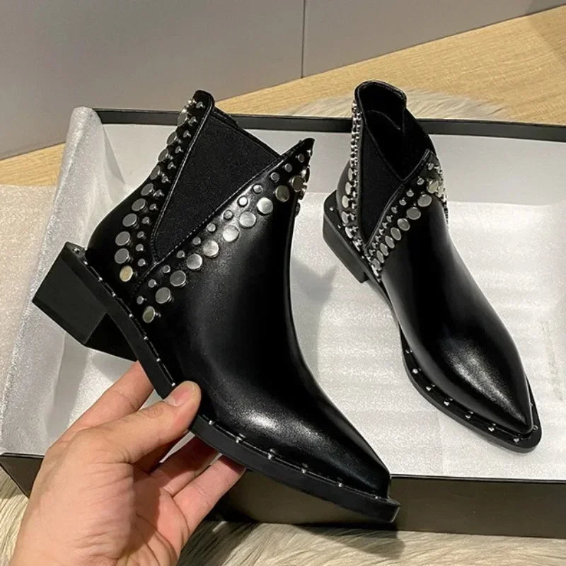 2025New Womens Ankle Boots Sexy Pointed Toe Punk Style Rivet-decorated Women's Knight Boots Winter Warm and Fashion Short Boots