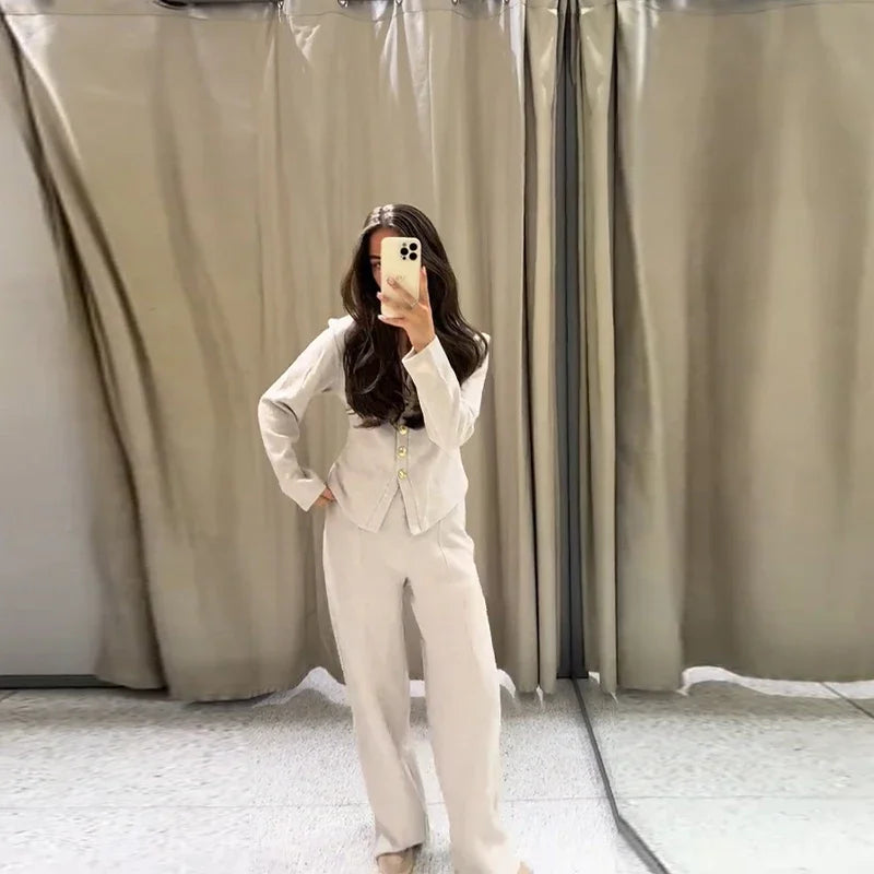 Casual Knitted Pant Suit Women Solid V-neck Full Sleeve Button Jacket Wide Trouser 2025 Autumn Fashion 2 Pieces Set Lady Outfits