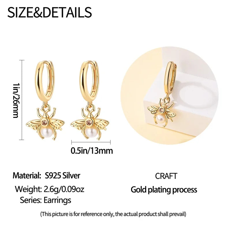 New in 925 Silver Color Gold Pearl Bee Irregularity Star Moon Earrings For Women 2024 Trending Fashion Jewelry Birthday Gifts