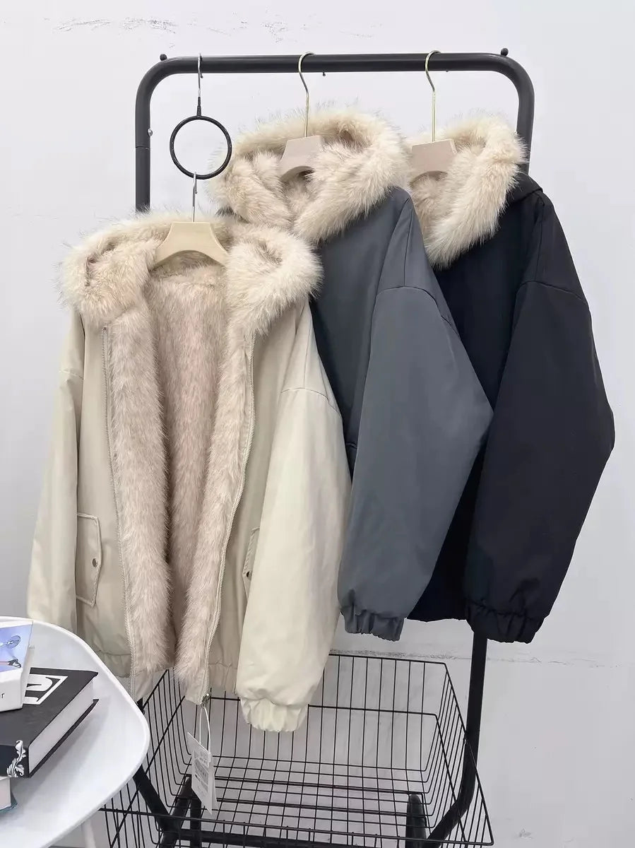Double-Sided Warm Fur Coat Women Autumn Winter Loose Thicken Plush Cotton Coat 2025 New Women Hooded Imitation Mink Fur Outwear