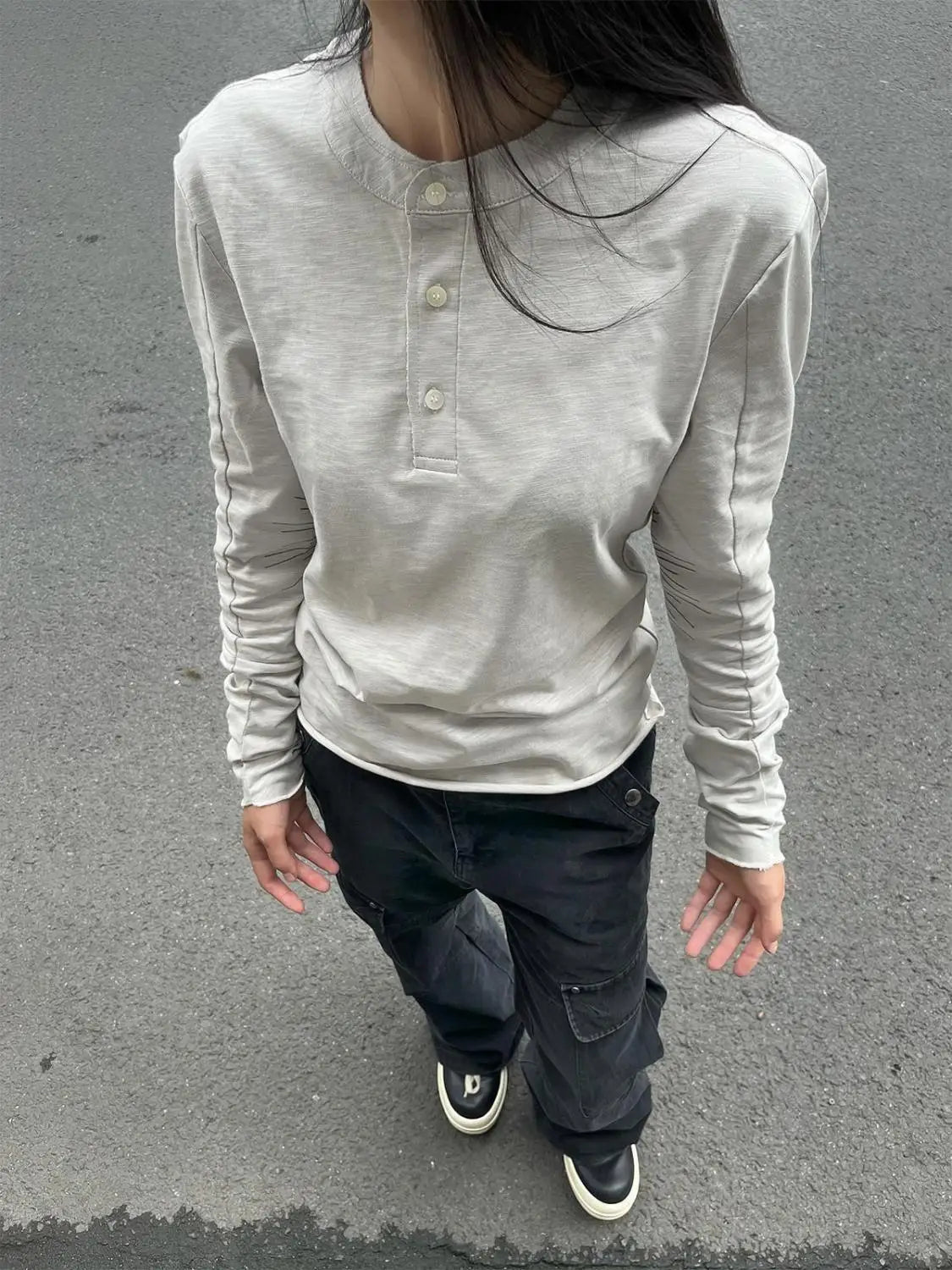 Y2k Women Streetwear Embroidery Grunge Autumn T-shirts Loose Single Breasted Black Tops Aesthetic Casual Style Vintage Tees
