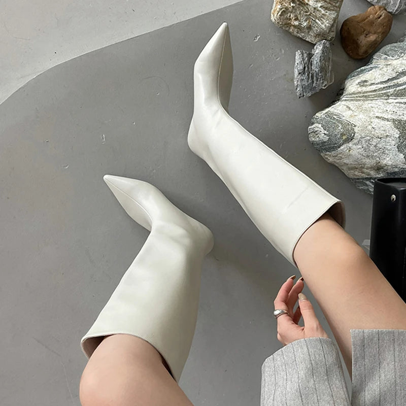 2025 Luxury Knee High Boots Women Wine Red Pointed Toe Kitten Heel Long Boots Wide Tube Bottes Santiags Femme Elegant Shoes