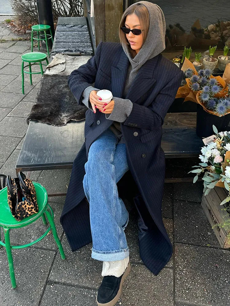 Casual Stripe Long Coat Women's Stylish V-neck Double-breasted Blazer With Shoulder Pad 2025 New Autumn Winter Ladies Outwear