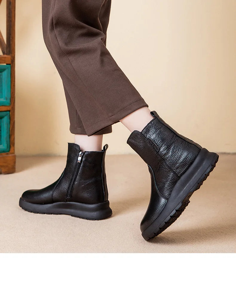GKTINOO 2025 Winter New Genuine Leather Side Zipper Flat Bottom Women's Short Boots Soft Sole Plush Warm Cotton Shoes