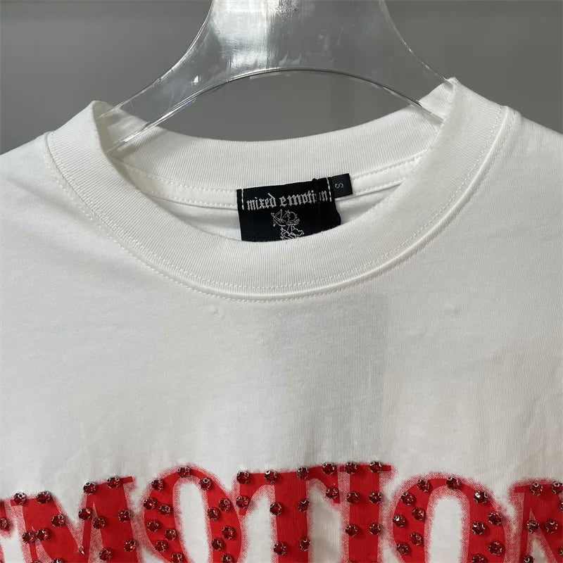 Oversized MIXED EMOTION White T-Shirts Men Women Pure Cotton Casual Red Hot Drill Letters Tshirts