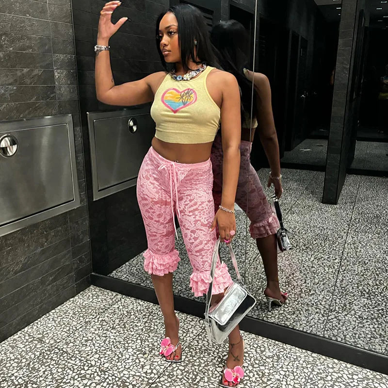 CM.YAYA Women Fashion Sexy Party Clubwear Lace Floral See Though Cascading Ruffles Hem Flare Lace Up Pants Capris 2025 Trousers