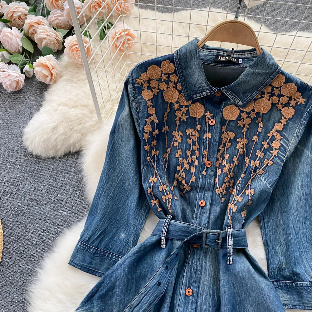 AYUALIN Denim Long Dress for Women Ethnic Floral Embroidery Boho A-line Casual Summer Vestidos Lapel Long Sleeve Dresses Lady