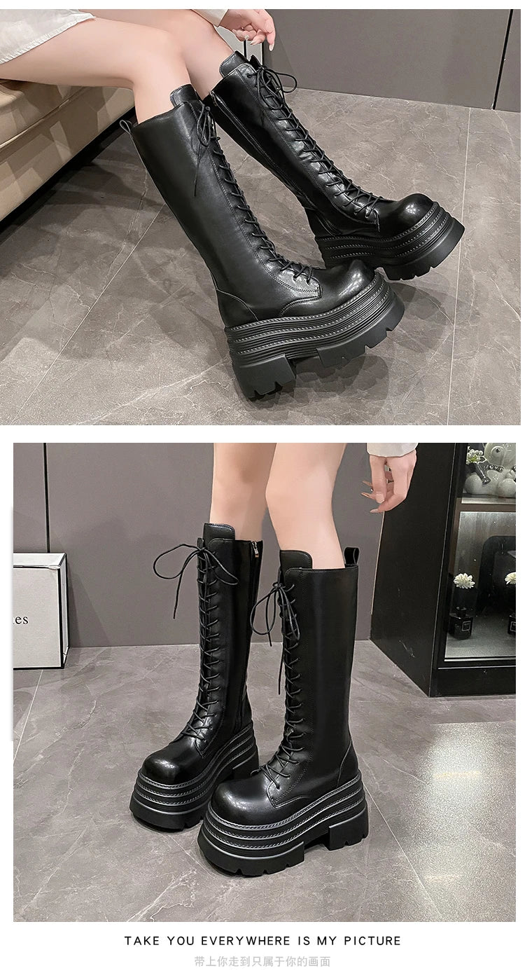 New Women's Roman Long Boots Autumn Winter Knee-high Leather Punk Shoes Chunky Platform Casual Knight Boots Botas Mujer 10CM