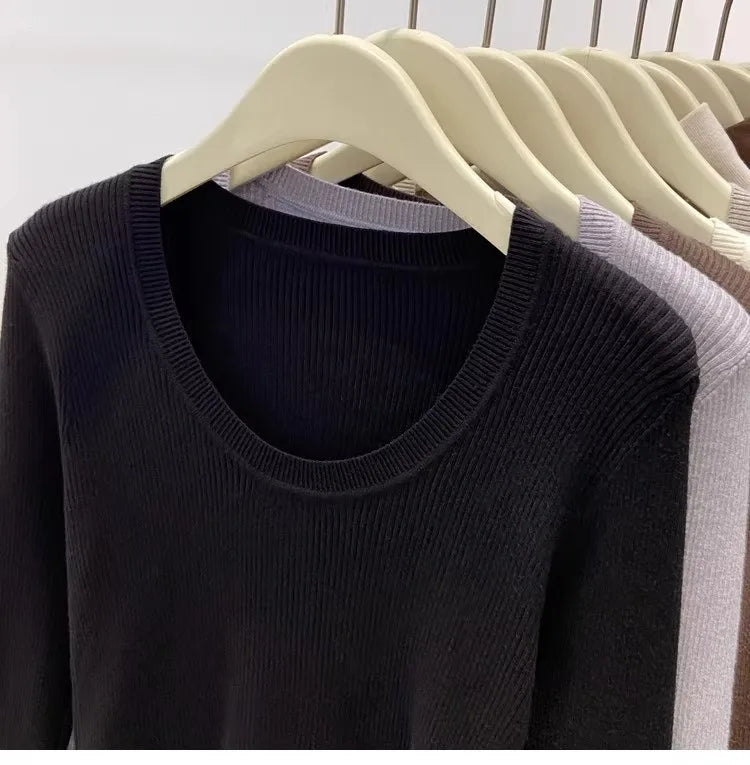 Zjaiss Solid Color O-neck Knitted Pullovers 2025 Women's Autumn Winter New Slim Fit Sweater Soft Warm Simple Base Layer Top