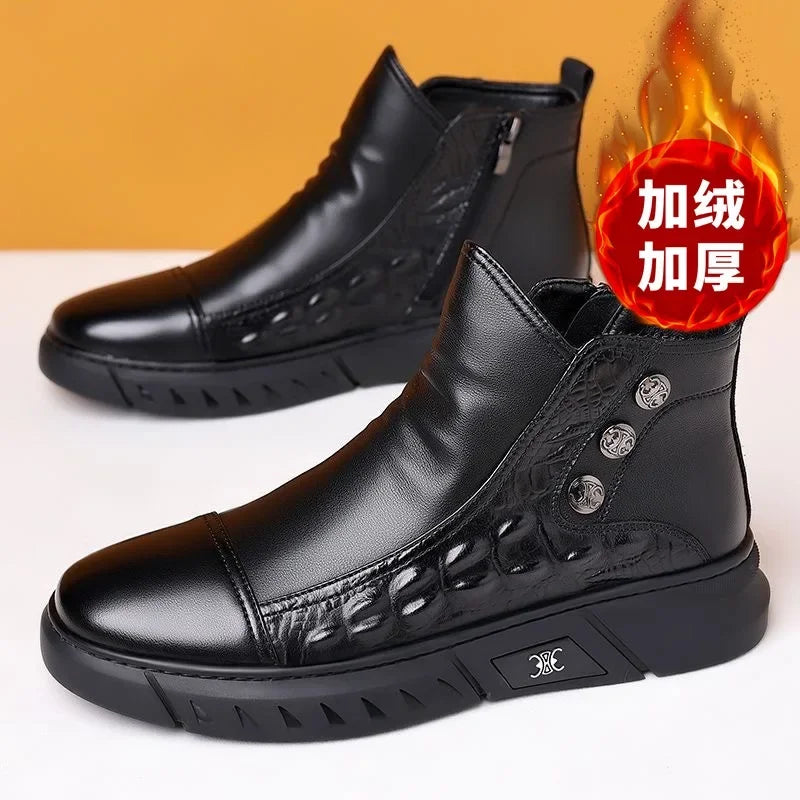 Luxury Men Boots Fashion High-top Platform Boot Classic Business Casual Leather Boots Winter Plush Warm Cotton Boots for Men2025