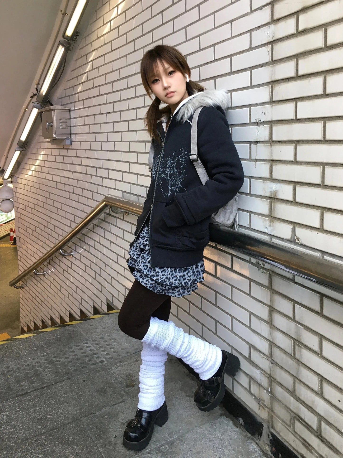 Karrram Japanese Y2k Fur Hooded Coat Grunge Aesthetics Tattoo Print Jacket Vintage Harajuku Double Zipper Outerwear Trashy 2000s