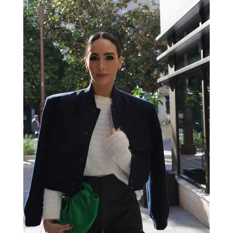 MUJER 2025 Woman Bomber Jacket White Autumn Winter Button Cropped Jackets for Women Fashion Long Sleeve Women Coats Outerwears