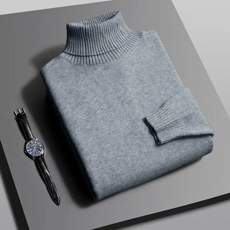 Autumn Mens High Quality Knitted Turtleneck Sweater Slim Fit Long Sleeve Anti-pilling Pullover Solid Color Trend Men Streetwea