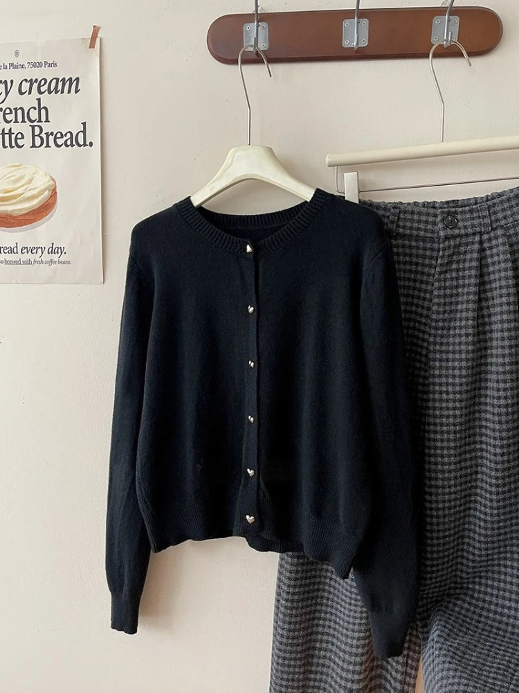 Autumn Winter 2025 New Women's Retro Love Small Gold Buckle Cardigan Female Casual Solid Long Sleeve Slim Knitted Sweater