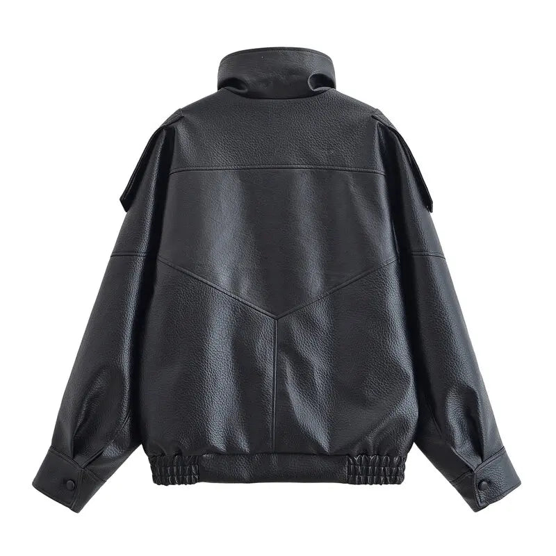 Loose Design Women's Leather Jaet Lychee Pattern ort Outerwear Autumn New Sle European Sle Ladies Faion 2025