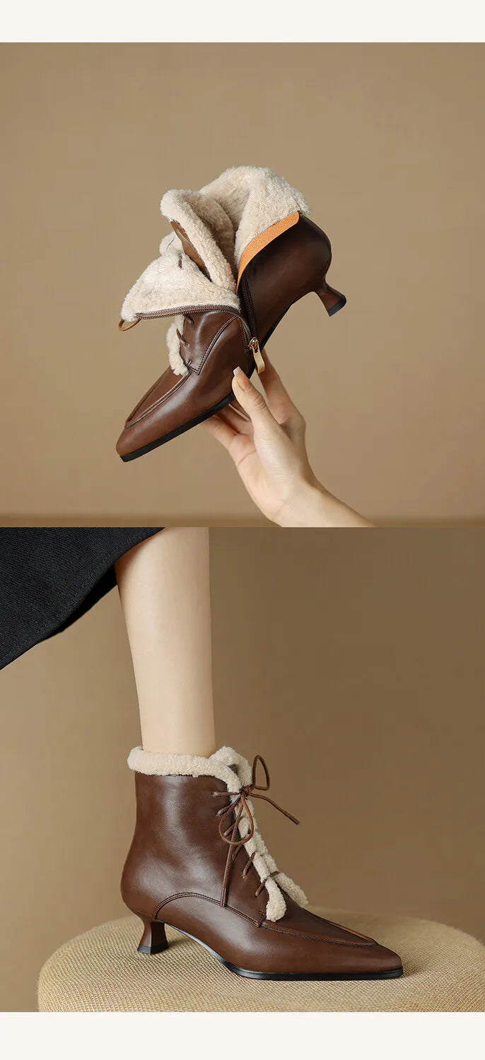 NEW Winter Women Shoes Split Leather Shoes for Women Pointed Toe Kitten Heel Shoes Elegant Modern Boots Wool Blend Ankle Boots