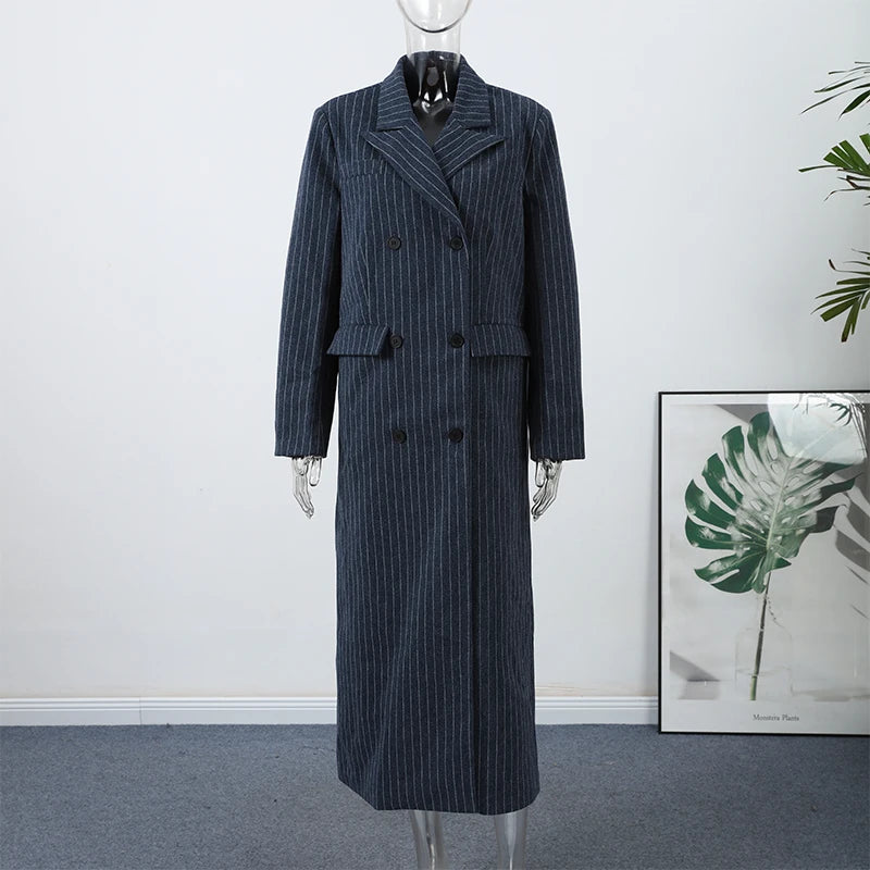 Casual Stripe Long Coat Women's Stylish V-neck Double-breasted Blazer With Shoulder Pad 2025 New Autumn Winter Ladies Outwear