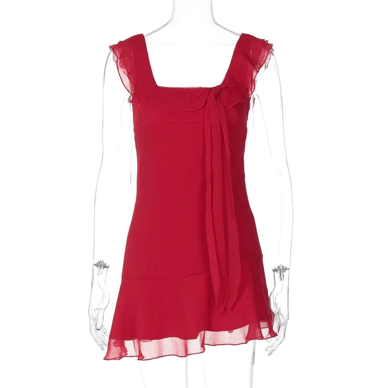 European and American style women's spring new fashion sexy French temperament sleeveless square collar ruffled chiffon dress