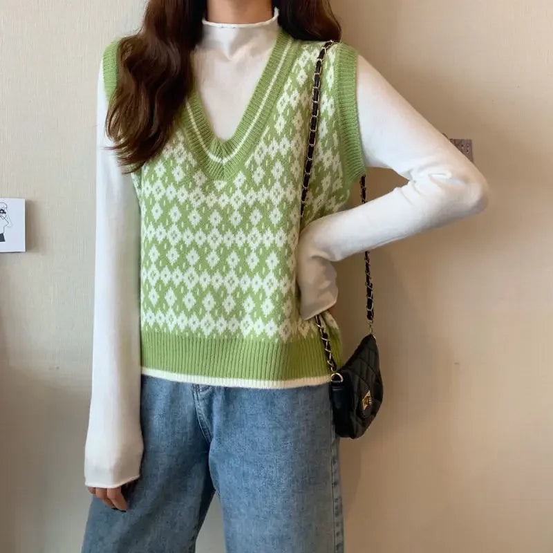 Women Sweater Vest Spring Autumn Fashion Female Casual Loose V-neck Knitted Waistcoat Sleeveless Sweater Pullover Tops Knit Vest