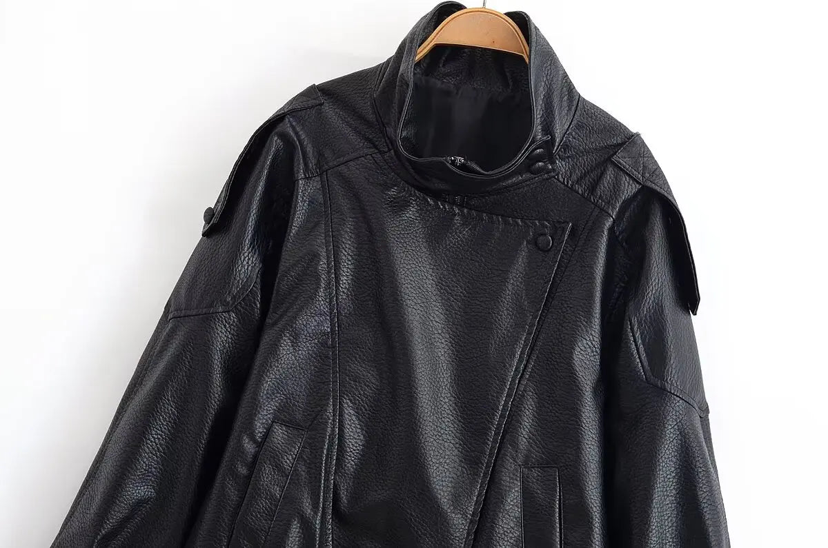 KONDALA Leather Zipper Jacket Women's Fall Winter Standing Collar Faux PU Jacket Coat 2025 Fashion High Street Ladies Y2K Jacket