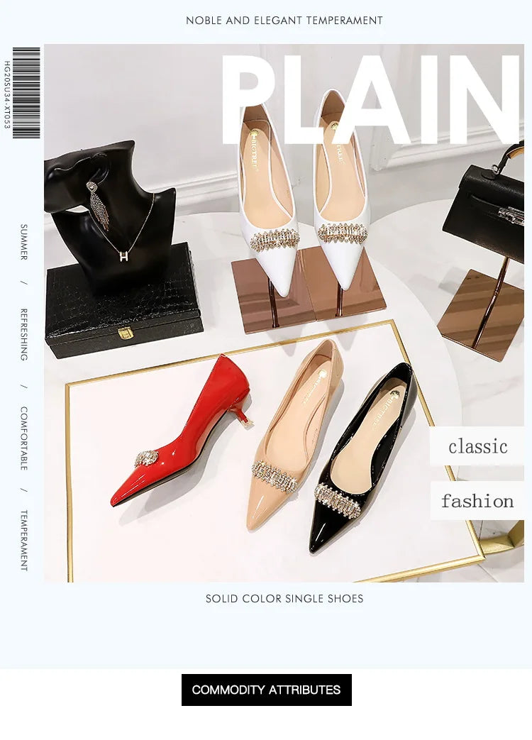 BIGTREE Shoes 4.5 cm Rhinestone metal decoration Kitten high heels patent leather Women Pumps stilettos Lady Shoes Plus Size 43