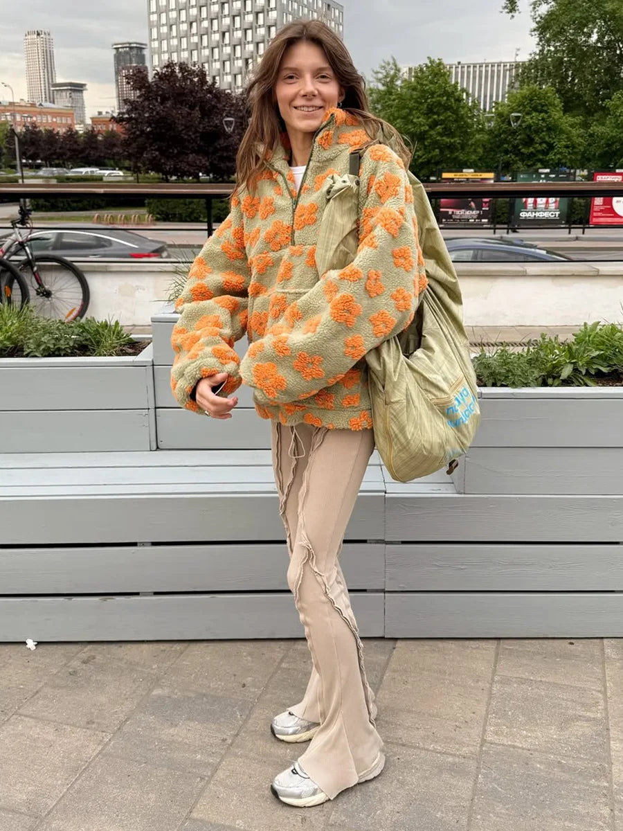 Talenza Fashion Print Pullover Contrast Oversized Zipper Knit Long-Sleeve Top Casual Warm Office Wear Vintage Women Sweatshirts