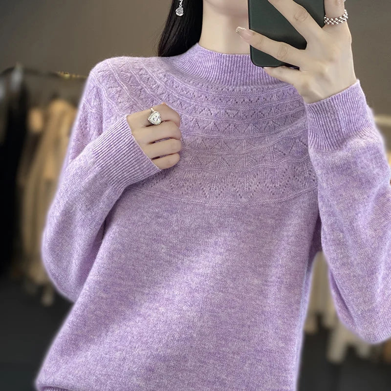 2024 New Line Of Garment Hollowed Out Half Height Women's High-grade Woolen Sweater 100% Pure Wool Multi-color Option WQ