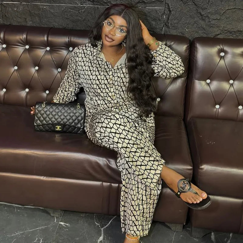 Autumn Fashion Set Woman 2 Piece Printing Long Sleeves Lapel Shirt High Waist Loose Wide Leg Pants 2025 Pant Sets Female Outfit