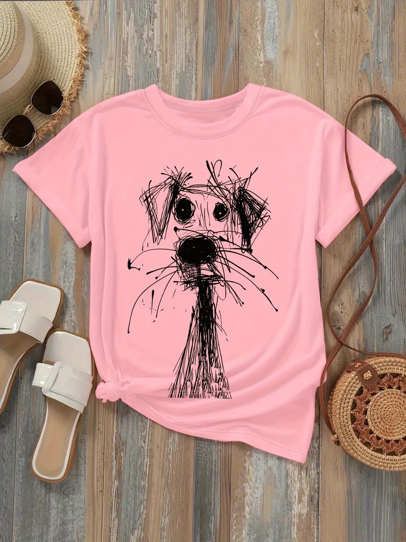 Women's Fashion Printed T-Shirt with Fun Dog Sketch Design Soft Round Neck Short Sleeve Casual Style for Daily Summer Clothing