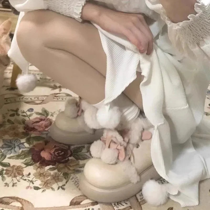 Cute Girls Beige Warming Fur Cross Tied Lace Up Ankle Boots Women Fashion Round Toe Flat Winter Snow Boots Shoes Lady