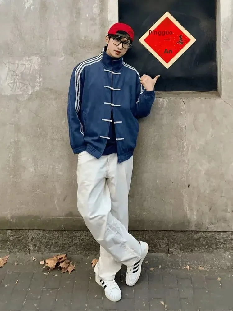 New Chinese Style Baseball Jacket with Button Design for Men And Women Spring Autumn Stand Collar Sporty Open Cardigan