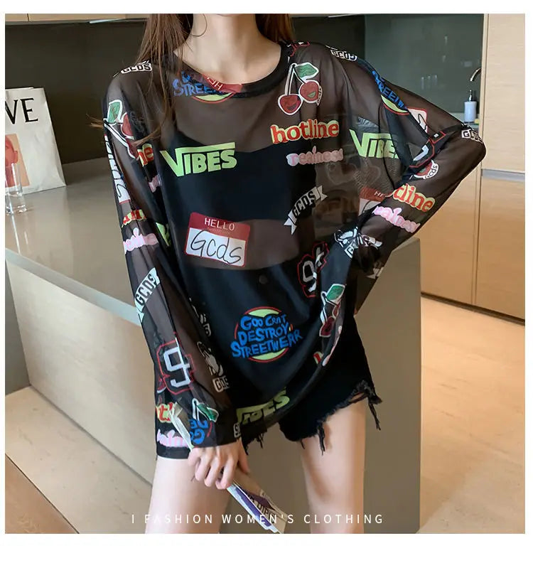 Women Letter Graphic Print Sexy Sheer Mesh Harajuku Y2K T Shirt Summer Trendy Long Sleeve Thin Tees Casual Streetwear Tops Ropa